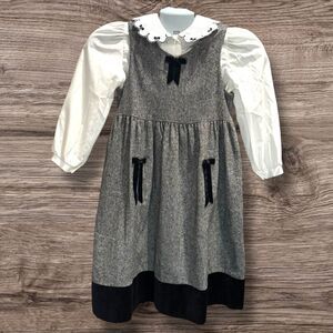 Hartstrings Girls 6/6X Dress & Blouse Set Gray Wool Blend Jumper Velvet Bow VTG